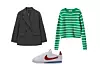 Sako na tanke prugice Pull&Bear Zalando (25,99 eura)/ pulover na prugice Mango (39,99 eura)/ tenisice Nike Cortez; Buzz
