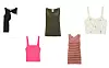 Komplet s bijelom i crnom majicom H&M 9,99 eura/ reprasti top u boji Zara 49,90 kn/ top s debelim naramenicama Max Mara 135 eura/ top na prugice Saint Laurent 279 eura/ pleteni top Stradivarius 119,90 kn