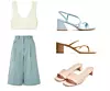 Pleteni crop top 1060 kn i lanene bermude 1780 Low Classic/ sandale s uzorkom aligatora Reserved 249,90 kn/ sandale s tankim remenčićima Aeyde 1705 kn/ bež sandale Top Shop £22