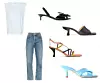 T-shirt s naglašenim ramenima The Frankie Shop 75 dolara/ crop traperice RE/DONE 264 €/ sandale s mašnom lakiranog izgleda Zara 299,90 kn/ kožne natikače By Far 2605 kn/ sandale s remenčićima u boji Staud €300/ natikače plave boje Zara 399,90 kn