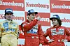 Ayrton Senna na pobjedničkom postolju u San Marinu 1988. Drugi je bio Alain Prost (desno), a treći Nelson Piquet