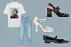 Majica s printom Anine Bing (99 eura)/ traperice boyfriend kroja Reserved (229 kn)/ karirane Mary Jane cipele Miu Miu; Farfetch (620 eura)/ Mary Jane cipele na petu Prada; Matches Fashion (814 eura)/ lakirane Mary Jane cipele Saint Laurent; Matches Fashion (595 eura)