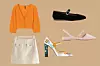 Kratki kardigan H&M (15 eura)/ mini suknja od organskog pamuka & Other Stories (59 eura)/ niske Mary Jane cipele Le Monde Beryl; Matches Fashion (395 eura)/ Mary Jane cipele otvorene pete Aldo (406 kn)/ Mary Jane cipele s printom Dolce&Gabbana The Outnet (288 eura)