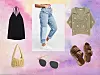 Bottega Veneta crni top - €420 (Net-a-porter) // Asos traperice - £32 (Asos) // Bluza s cvjetićima - 249,90 kn (Mango) // Ručno pletena torbica - 199,90 kn (Mango) // Roza naočale - 375 kn (Izi Pizi) // Klompe s dva remena - 549,90 kn (Zara)