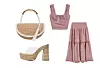 Torba od umjetnih materijala, 95 € ALDO/ Natikače Bershka od plastike i špage 35,99 € ZALANDO.HR/ Pamučna korzet bluza 12,99 € RESERVED/ Pamučna midi suknja 27,99 € RESERVED