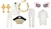 Naušnice Jennifer Behr/ Bijelo odijelo Fabiana Filippi/ Ogrlica Vanessa Baroni/ Pletena torba COS/ Sunčane naočale Loewe/ Hlače i košulja Isabel Marant/