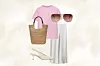 Zara kožne cipele s kitten potpeticom (39,99 eura)/Massimo Dutti torba od rafije (169 eura)/Zara pamučna majica (6,95 eura)/Zara satenska suknja (22,95 eura)/Victoria Beckham sunčane naočale (224 eura)