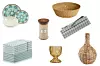 Servis za jelo Cala Jondal 18/1; Vivre (844,90 kn - akcijska cijena) / Mirisna svijeća WoodWick; Gallerie (191,20 kn - akcijska cijena) / Košara od rafije; Zara Home (149,00 kn) / Karirani stolnjak; Mango Home (199,90 kn) / Kuhinjske krpe boje mentola DecoKing Louie; Bonami (289,00 kn - akcijska cijena) / Čašica za jaje od reljefnog stakla; Zara Home (25,00 kn) / Vaza Bjerke; Jysk (115,00 kn - akcijska cijena)