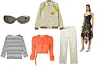 Sunčane naočale By Port Tanger; The Frankie Shop (275 eura)/ sportska jakna Bershka; Zalando/ majica na prugice Sezane (75 eura)/ pleteni top Ottolinger; farfetch (202 funte)/ traperice Zara (199,90 kn)/ asimetrična haljina Diesel (2490 kn)