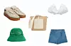 Tenisice Adidas x Ivy Park (847 kn)/Pletena slamnata torba Mohito (230 kn)/Kratko rezani top s rupičastim vezom Zara (200 kn)/Zeleni pleteni šešir H&M (90 kn)/Kratke hlače od trapera s asimetričnim kopčanjem Reserved (180 kn)