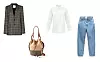 Karirani sako Tibi; Farfetch (655 funti)/ bucket torba Loewe; Net-a-Porter (15054 kn)/ asimetrična bijela košulja od popelina Balenciaga; Matches Fashion (595 eura)/ traperice mom kroja Zara (199,90 kn)