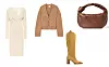 Pletena midi haljina Bottega Veneta; My Theresa (1890 eura)/ pleteni kardigan od kašmira Khaite; Net-a-Porter (11441 kn)/ visoke čizme od brušene kože Uterque (1390 kn)/ vrećasta torba od kože Bottega Veneta; Net-a-Porter (19570 kn)