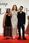 TOKYO, JAPAN - OCTOBER 03: (L-R) Zahara Jolie-Pitt, Angelina Jolie, and Maddox Jolie-Pitt attend the Japan premiere of 'Maleficent: Mistress of Evil' on October 03, 2019 in Tokyo, Japan. (Photo by Christopher Jue/Getty Images for Disney)