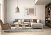 Scandinavian interior design living room 3d render with gray and beige colored furniture and wooden elements