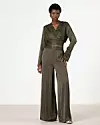 Zoe elastični satenski top na preklop s prugicama | Khaki - 130 eura; Zoe elastične satenske hlače visokog struka s prugicama | Khaki - 255 eura