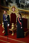 Crown Princess Ingrid Alexandra of Norway (R) stands next to her father King Haakon VIII of Norway during an oath-taking ceremony for the new king to Norway‘s constitution in the main chamber of the Norwegian Parliament, the Storting, in Oslo on September 1, 2026. (Photo by Odd ANDERSEN/AFP)