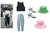Crop top Zara (79,90 kn)/ cargo hlače J Brand (1532 kn)/, minimalističke sandale na nisku petu The Row (695 eura) zeleni bucket šešir Ganni (47 eura)/ ružičasti bucket šešir Top Shop (11,20 funti)