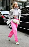 NEW YORK, NEW YORK - FEBRUARY 08: Leonie Hanne is seen wearing a Fendi bag, grey blazer and pink pants outside of the Ulla Johnson show on February 08, 2020 in New York City. (Photo by Donell Woodson/Getty Images)