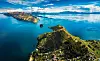 Island of the sun at lake Titicaca in Bolivia aerial panoramic view