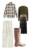 Pamučna košulja 35,95 € ZARA/ Haljina od vune i svile All Saints 308,95 € ZALANDO.HR/ Pamučne hlače s džepovima 29,99 € C&A/ Gumene čizme Hunter 135 funti HUNTERBOOTS.COM