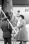 File photo dated 25/03/85 of Prince William, who will be three in June, walks aboard the aircraft while his six-month-old brother Prince Harry is carried aboard by nanny Barbara Barnes at Dyce Airport in Aberdeen. The children were flying back to London with their mother the Princess of Wales in an aircraft of the Queen's Flight. The Duke of Sussex was a cuddly child who was fearless and mischievous even at a young age.,Image: 416971120, License: Rights-managed, Restrictions: FILE PHOTO, Model Release: no, Credit line: PA / PA Images / Profimedia
