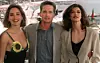 Michael Douglas između Sharon Stone u crnoj haljini i Jeanne Tripplehorn u bež sakou u Cannesu 1992.