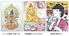 Triptih japanskih ilustracija s božanstvom, zlatnom figurom i ženom u ružičastom kimonu.