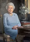 Portret pokojne kraljice Elizabete II. za radnim stolom