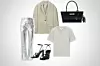 metalik hlače River Island; About You (44,90 eura)/ sako COS (150 eura)/ t-shirt COS (29 eura)/ kožna torba Tory Burch; Karla (699 eura)/ kožne sandale Massimo Dutti (79,95 eura)
