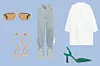 Sunčane naočale Loewe; My Theresa (350 eura)/ naušnice Jacquemus; My Theresa (184 eura)/ traperice dugih nogavica Off-White; My Theresa (610 eura)/ haljina-tunika Arket (89 eura)/ cipele s kristalima Uterque (950 eura)