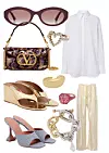 Sunčane naočale Cartier/ Košulja Toteme/ Prsten Sophie Bille/ Torba Valentino/ Zlatne japanke na petu Alaïa/ Natikače Amina Muaddi/ Prsten Bottega Veneta/ Prsten Shay Jewelry/ Narukivca Rabanne/ Hlače Khaite/