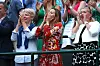 LONDON, ENGLAND - JULY 09: Jelena Dokovic (C), wife of Novak Djokovic of Serbia, celebrates her husband's victory in the Men's Singles fourth round on day seven of the Wimbledon Lawn Tennis Championships at All England Lawn Tennis and Croquet Club on July 9, 2018 in London, England. (Photo by Clive Brunskill/Getty Images)