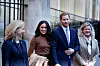 LONDON, UNITED KINGDOM - JANUARY 07: Prince Harry, Duke of Sussex and Meghan, Duchess of Sussex stand with the High Commissioner for Canada in the United Kingdom, Janice Charette (R) and the deputy High Commissioner, Sarah Fountain Smith (L), as they leave after their visit to Canada House in thanks for the warm Canadian hospitality and support they received during their recent stay in Canada, on January 7, 2020 in London, England. (Photo by DANIEL LEAL-OLIVAS - WPA Pool/Getty Images)