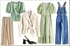 Bež hlače širokih nogavica $99, bluza na preklop $59, jakna s pojasom $119, midi haljina puf rukava $129, traper kombinezon $119, slingback sandale $129