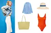 Suknja H&M (24,99 €)/Košulja od prugastog žakara Zara (129,90 kn)/Šešir Raffia Pamela Mango (249,90 kn)/Ručna torba Valentino; Zalando (614,00 kn - akcijska cijena)/Kupaći kostim Frizzy; Yamamay (39,95 €)