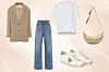 The Frankie Shop blejzer (345 eura)/Valentino traperice visoki struk (980 eura)/Loewe bijeli t-shirt (380 eura)/Golden Goose niske tenisice (490 eura)/Zara torba za nošenje preko tijela (17,99 eura)