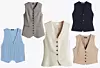 Pamučno pletivo 22,99 € C&A/ Duži model od poliestera 19,99 € H&M/ Model od poliestera 19,99 € H&M/ Pamučno i viskozno pletivo 25,95 € ZARA/ Kratki prsluk od poliestera i viskoze 19,99 € C&A