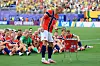 EAST RUTHERFORD, NEW JERSEY - JULY 05: Erling Haaland #9 of Norway leads teammates in the Viking Row to celebrate the 2-1 victory during the FIFA World Cup 2026 Round of 16 match between Brazil and Norway at New York New Jersey Stadium on July 05, 2026 in East Rutherford, New Jersey. Elsa/Getty Images/AFP (Photo by ELSA/GETTY IMAGES NORTH AMERICA/Getty Images via AFP)